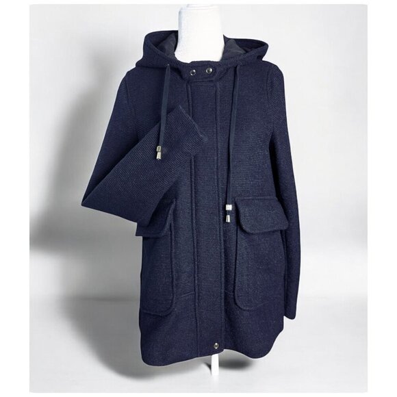 ZARA Hooded Wool Blend Swing Jacket Pea Coat Navy Blue Women's Size SM - Picture 1 of 8